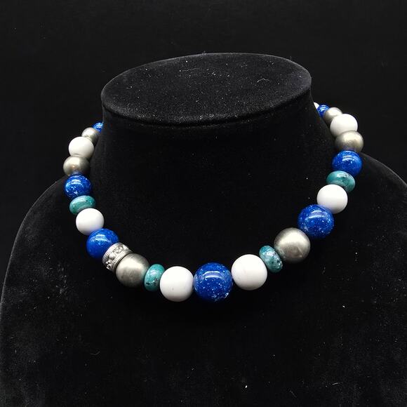 Liz Claiborne Blue Silver Tone Beaded Necklace Bracelet Set Vintage With Tag - Picture 3 of 10